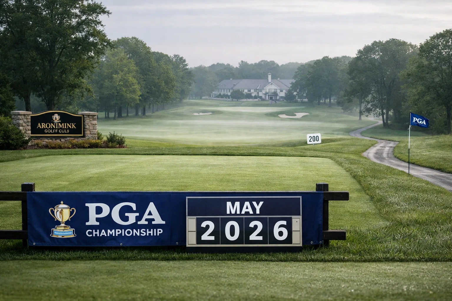 PGA Championship 2026: Dates and Venue Information 3 pga championship 2026 banner and date card on misty Aronimink fairway with green and flag