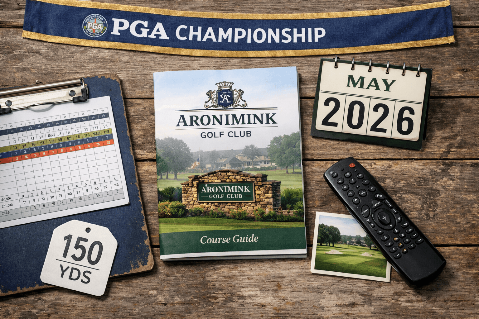 pga championship 2026 planning spread with Aronimink course guide, scorecard, remote, and May 2026 card