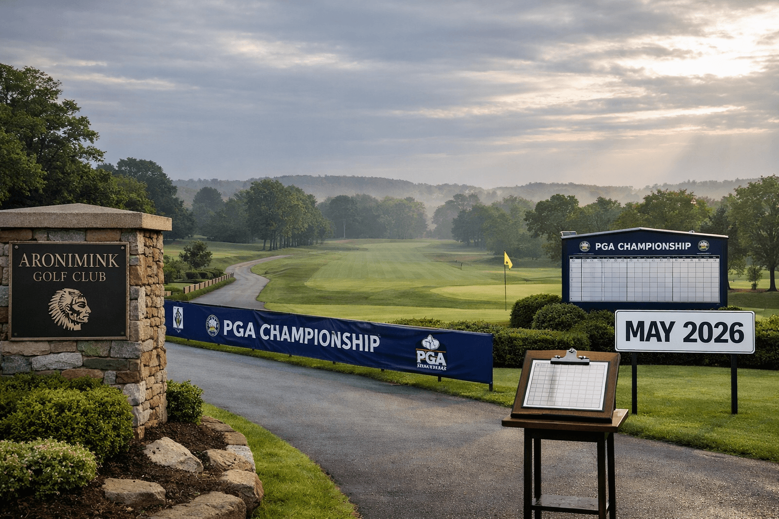 Aronimink Golf Club entrance, fairway, and PGA Championship banner for pga championship 2026