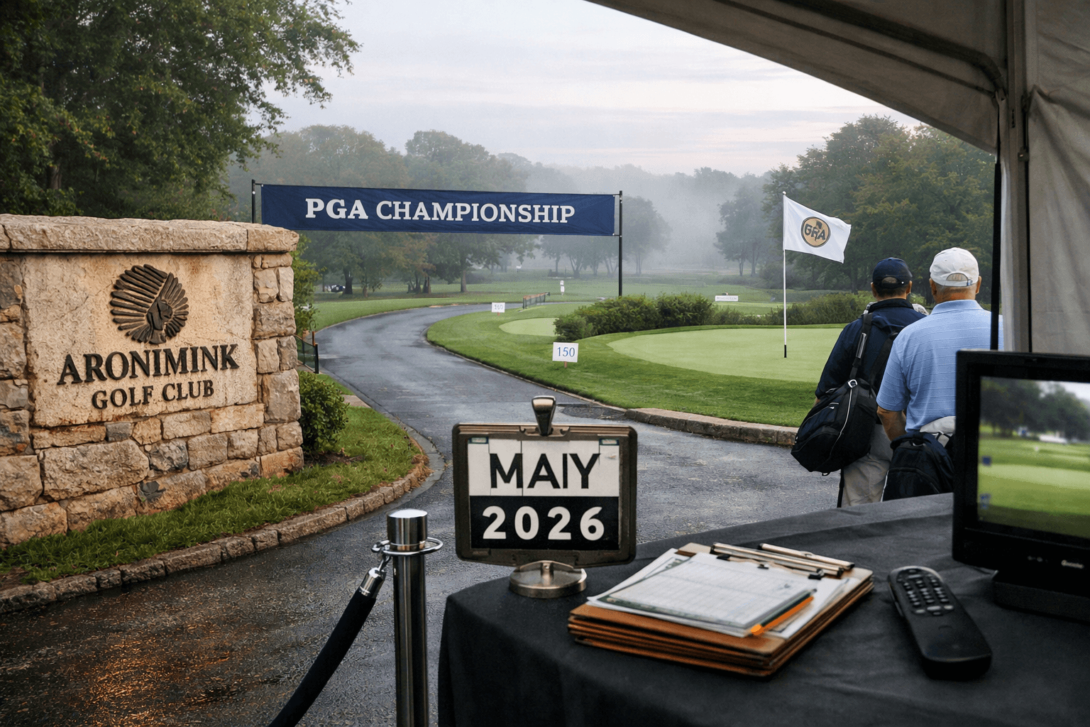 Aronimink Golf Club entrance with PGA Championship banner and pga championship 2026 date card