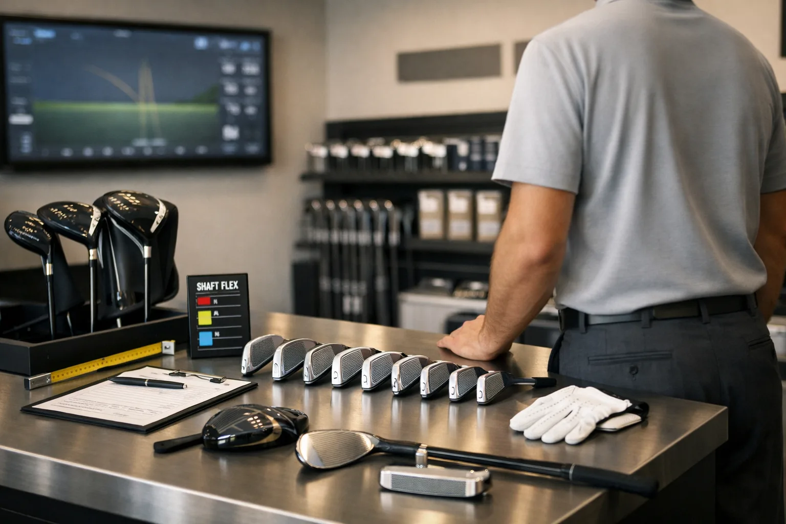 Shop All Golf Clubs - Top Brands & Sets 2 Golfer inspecting golf clubs in a modern pro shop fitting bay with launch monitor and fitting tools.