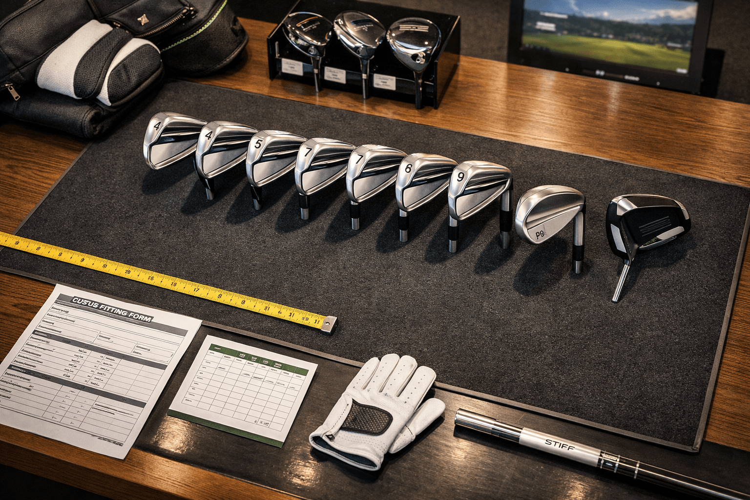 Overhead view of golf clubs on a fitting table with measuring tape, forms, glove, and pro shop gear.