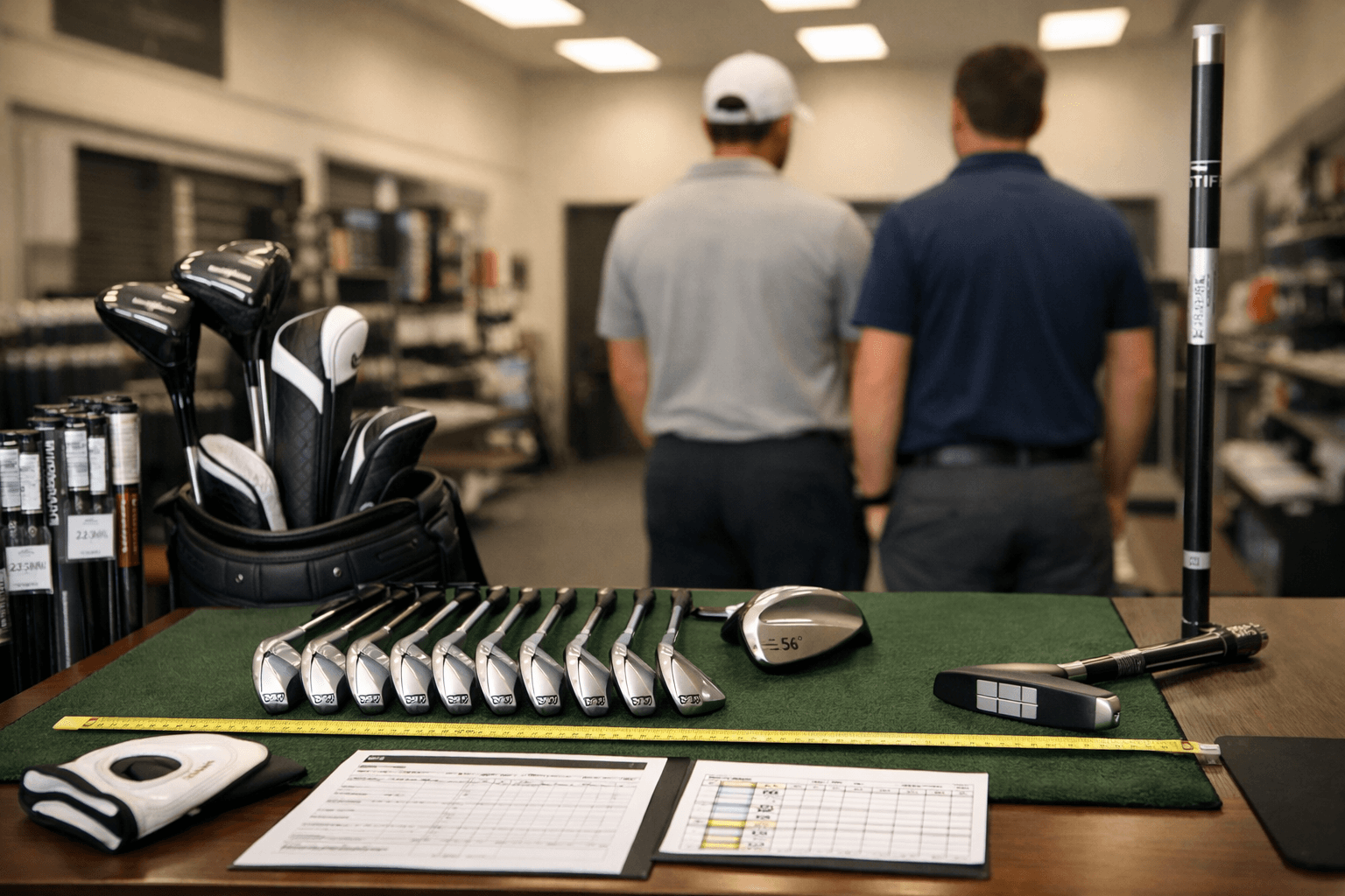 Modern golf club fitting bay with golfer, fitter, launch monitor, and clubs laid out on a table.
