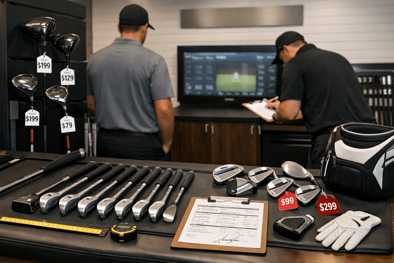 Golf clubs on fitting table in pro shop bay, golfer and fitter reviewing specs