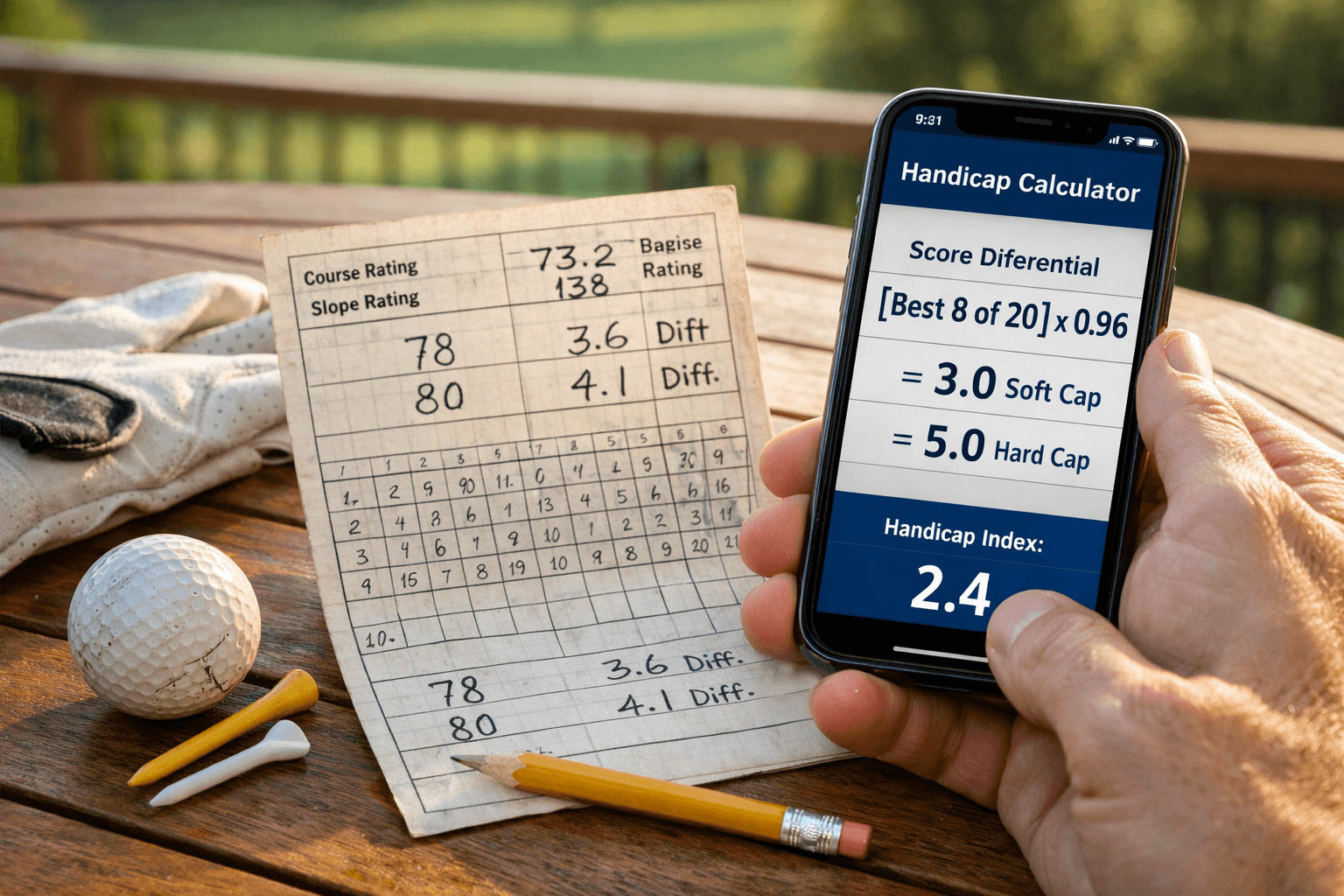 Golfer compares handicap app and paper scorecard on clubhouse table, with clubs and ball; how are golf handicap calculated