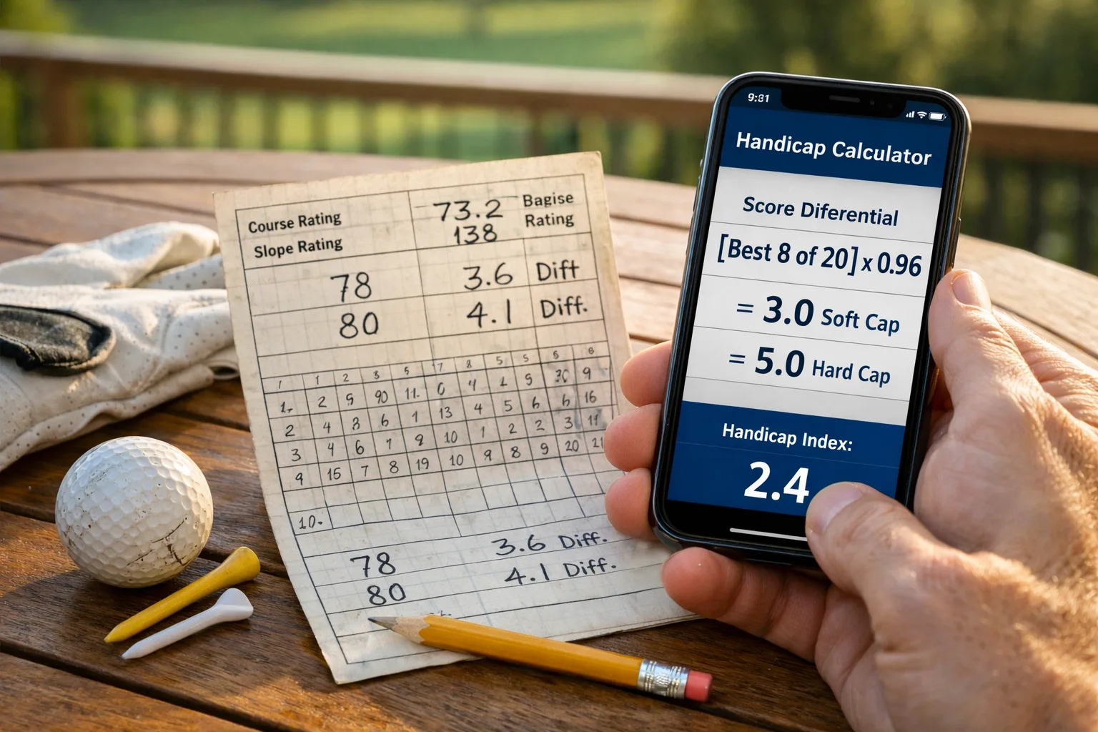 FAQs - How is a Handicap Index Calculated 1 Golfer compares handicap app and paper scorecard on clubhouse table, with clubs and ball; how are golf handicap calculated