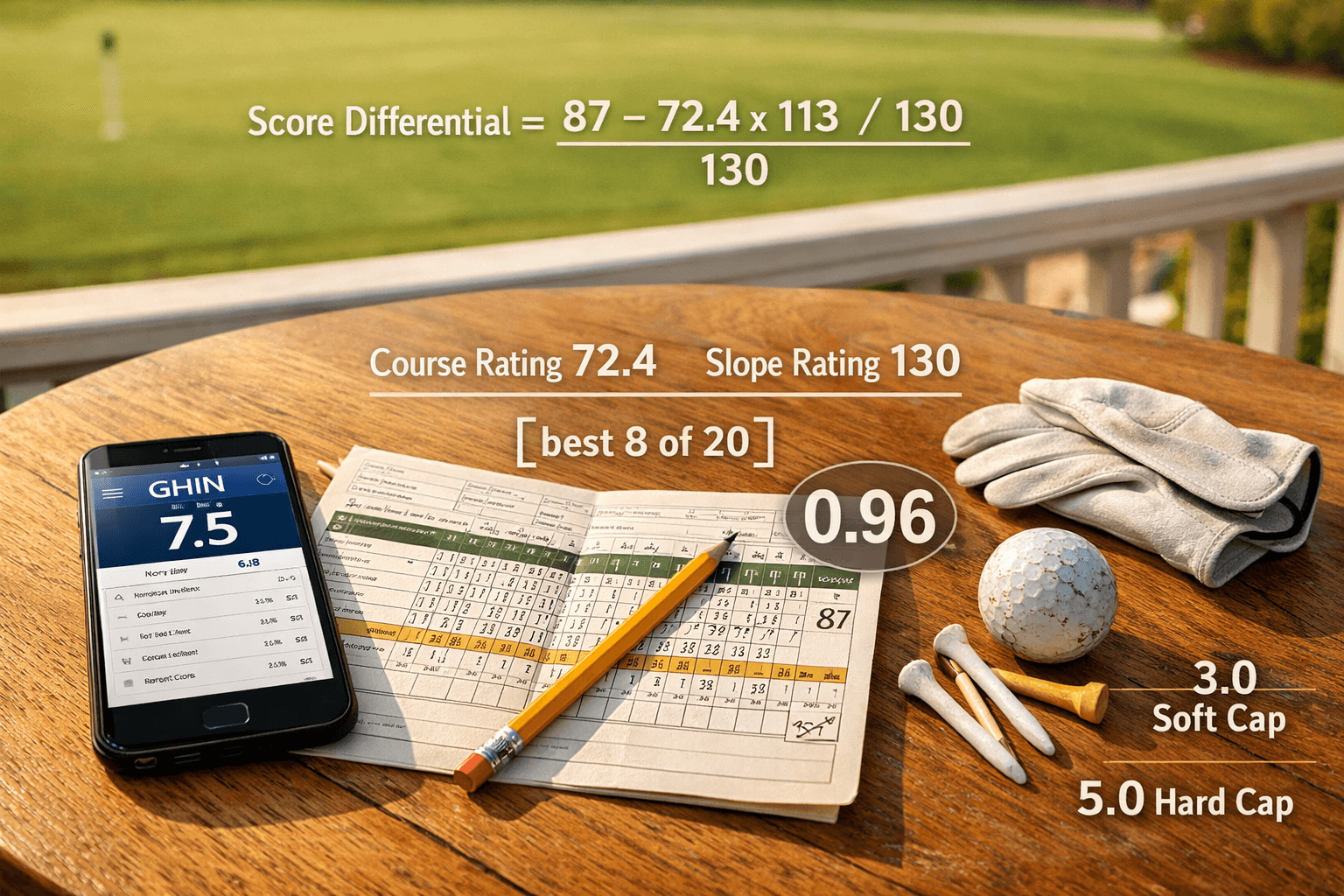 Golf scorecard, handicap phone, glove, tees and ball on table with handicap math overlay; how are golf handicap calculated