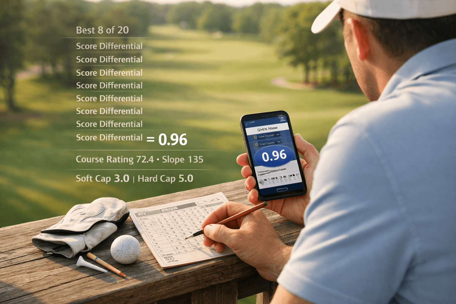 Golfer on veranda checks handicap math on phone and scorecard, how are golf handicap calculated