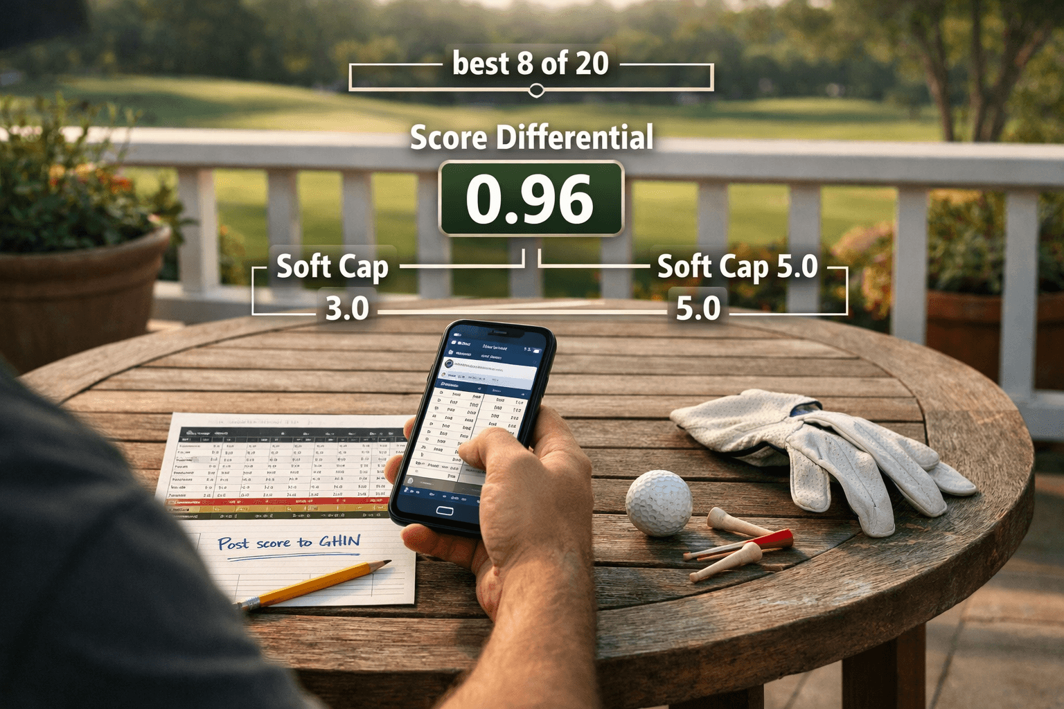 how are golf handicap calculated? Golfer posts score on phone beside scorecard on clubhouse veranda.
