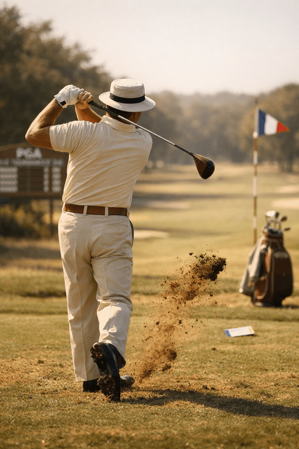 golfer lee trevino mid-swing on a vintage tee box, divot flying, with scoreboard and flag behind