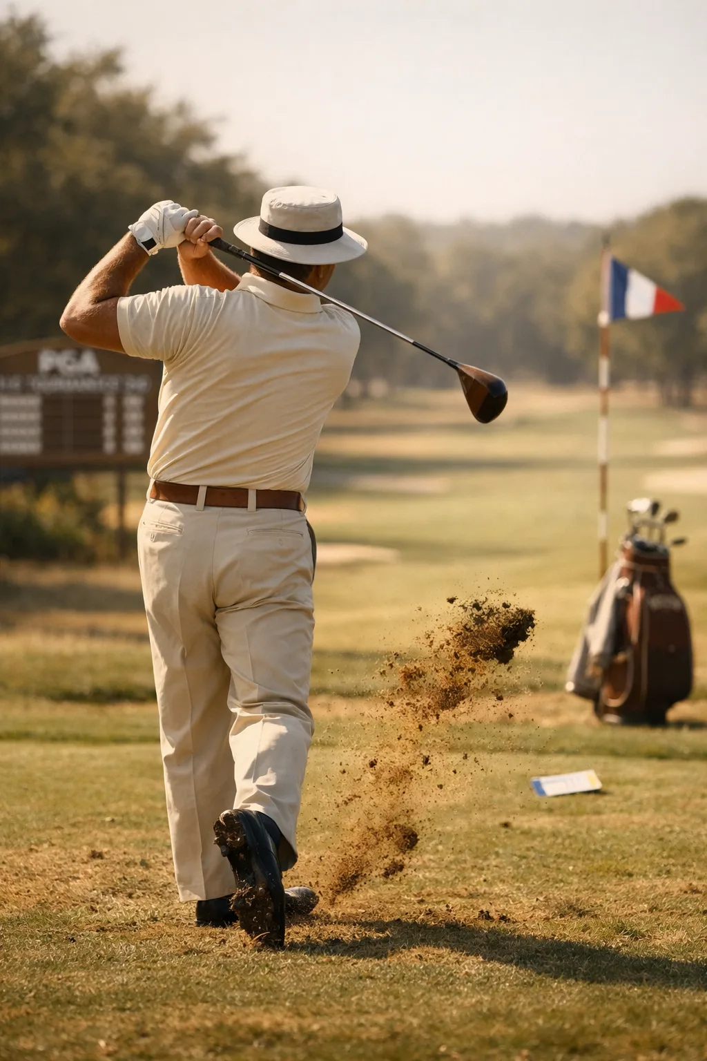 golfer lee trevino mid-swing on a vintage tee box, divot flying, with scoreboard and flag behind