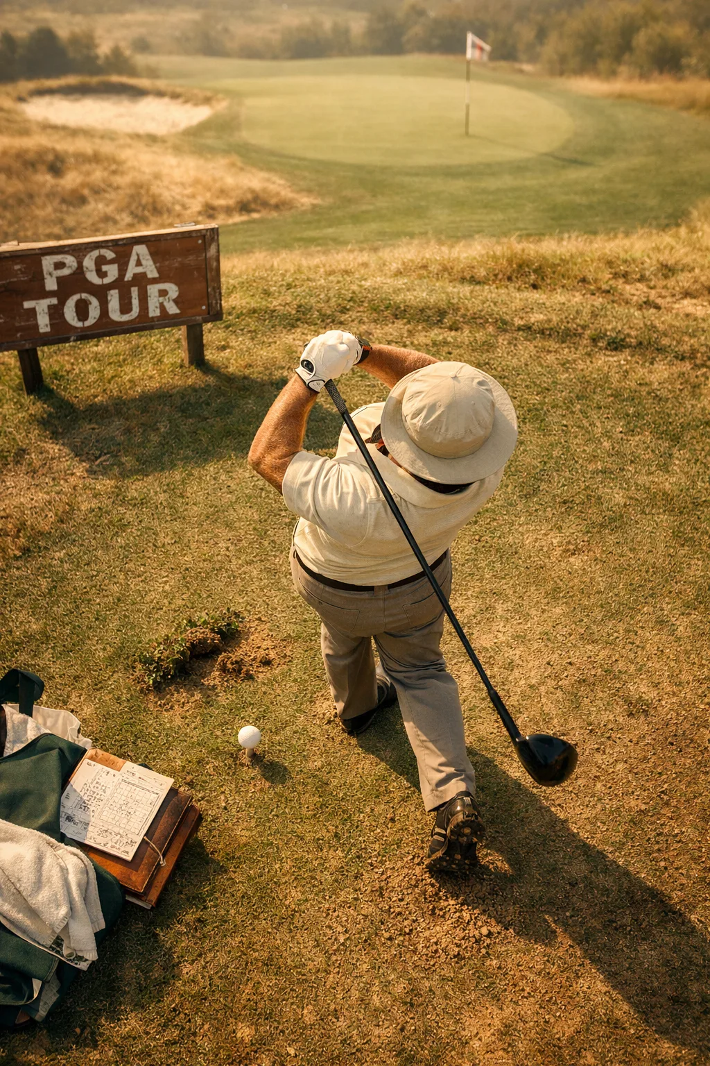 Overhead golfer lee trevino mid-follow-through on a vintage tee box, driver extended beside ball and divot.