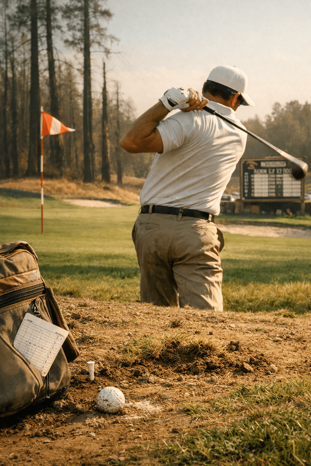 golfer lee trevino mid-downswing on a sunlit Texas tee box, with caddie bag, scorecard, and flagstick