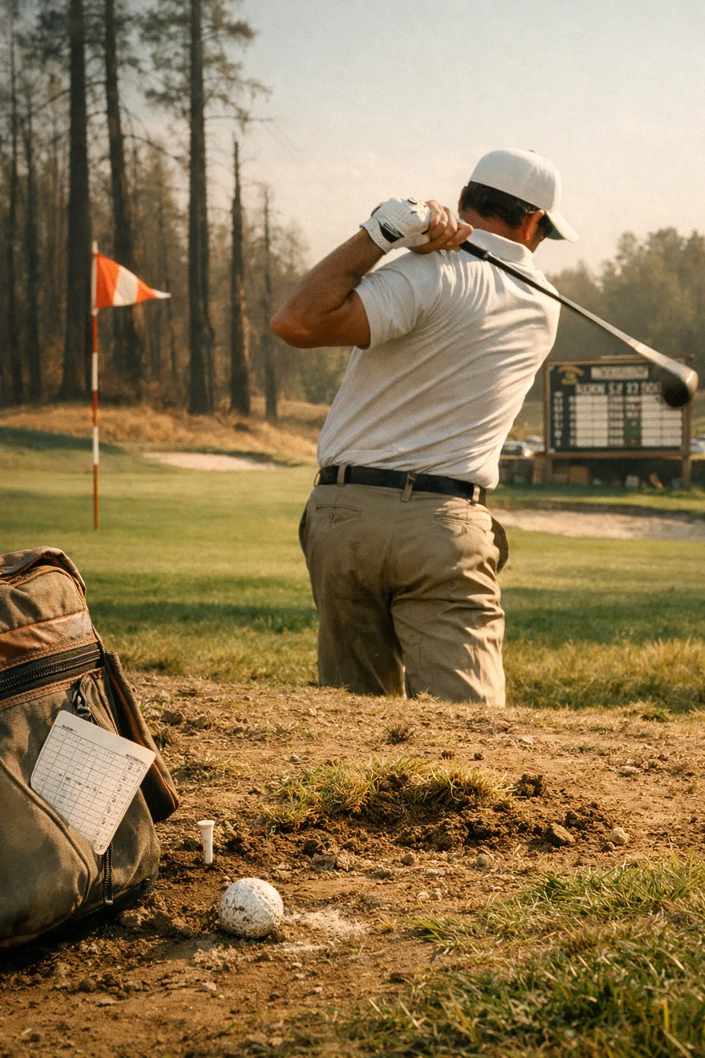 golfer lee trevino mid-downswing on a sunlit Texas tee box, with caddie bag, scorecard, and flagstick