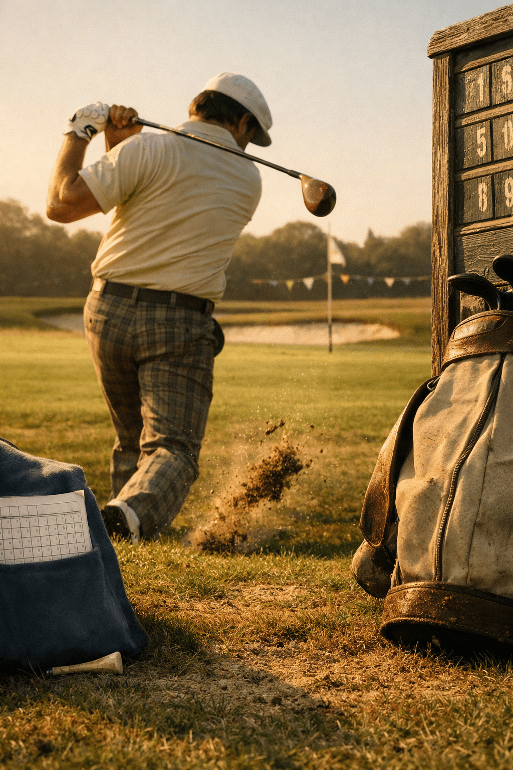 golfer lee trevino mid-downswing on a vintage tee box, with caddie bag and sunlit bunker.