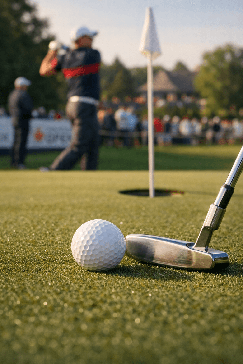 nick taylor golf putter behind ball on green with cup ahead and blurred golfer