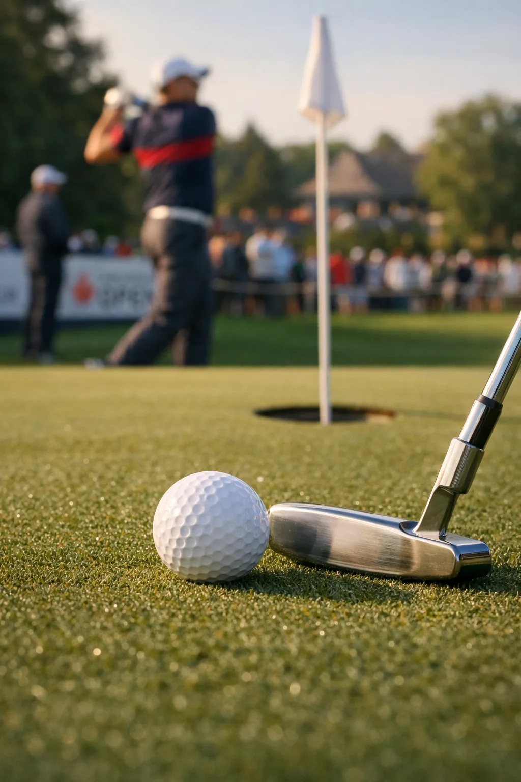 nick taylor golf putter behind ball on green with cup ahead and blurred golfer