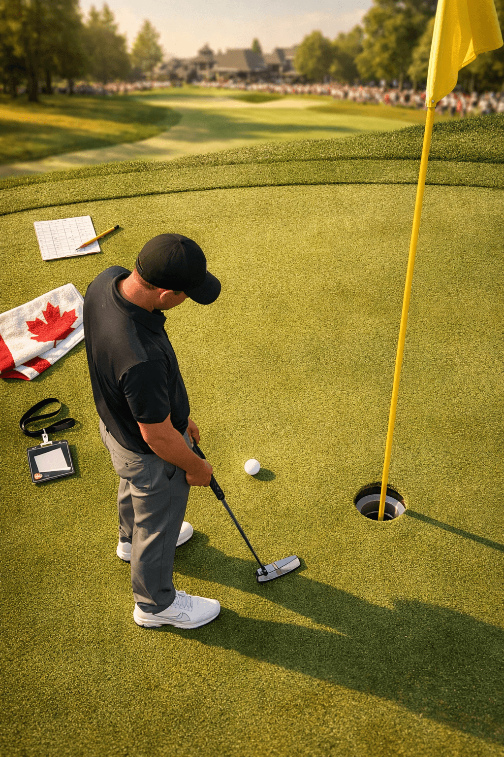 Nick Taylor golf overhead, poised with putter beside ball near cup on manicured green at golden hour