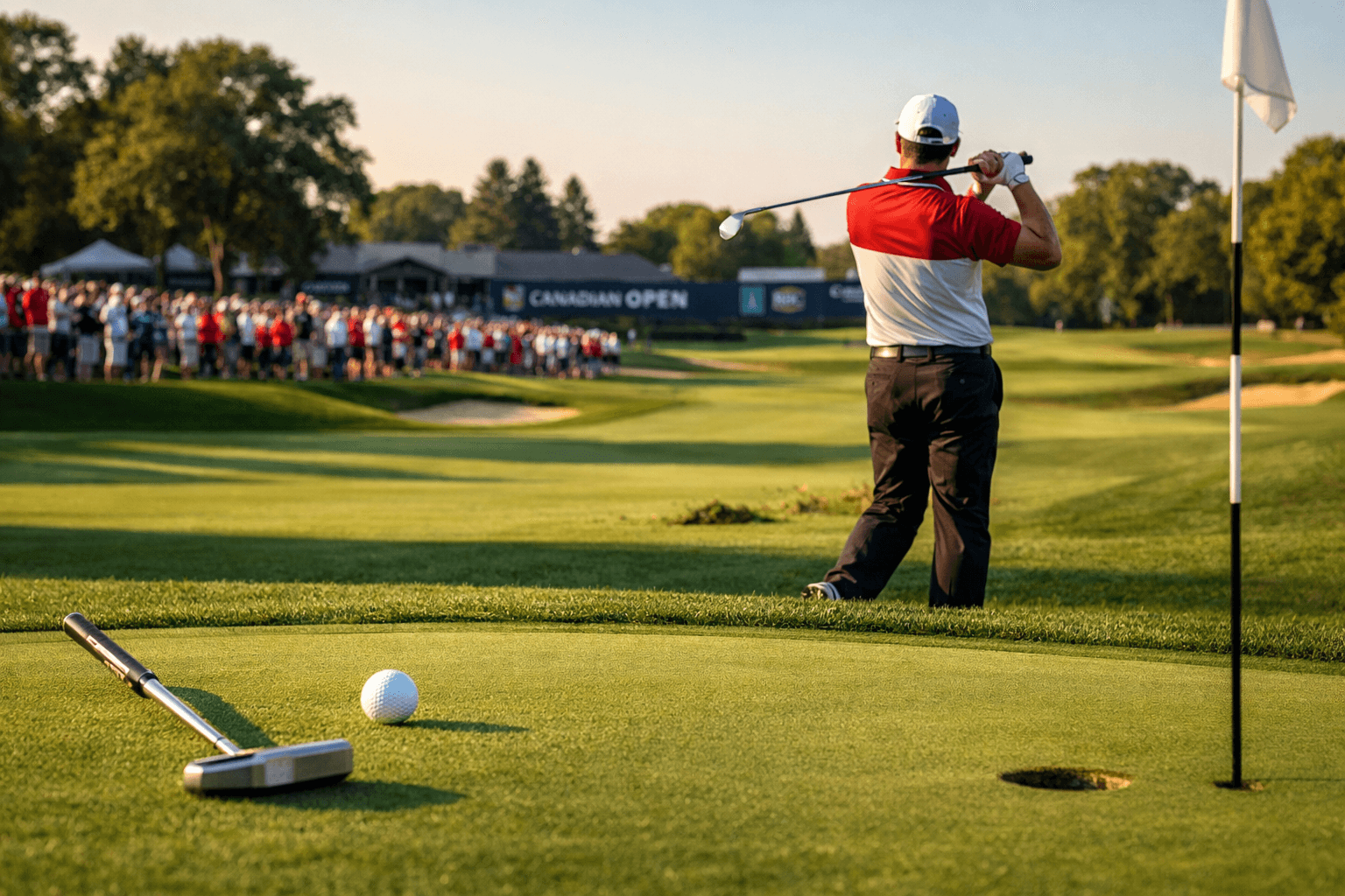 nick taylor golf shot on fairway with putter and ball on green, spectators and Canadian Open backdrop.