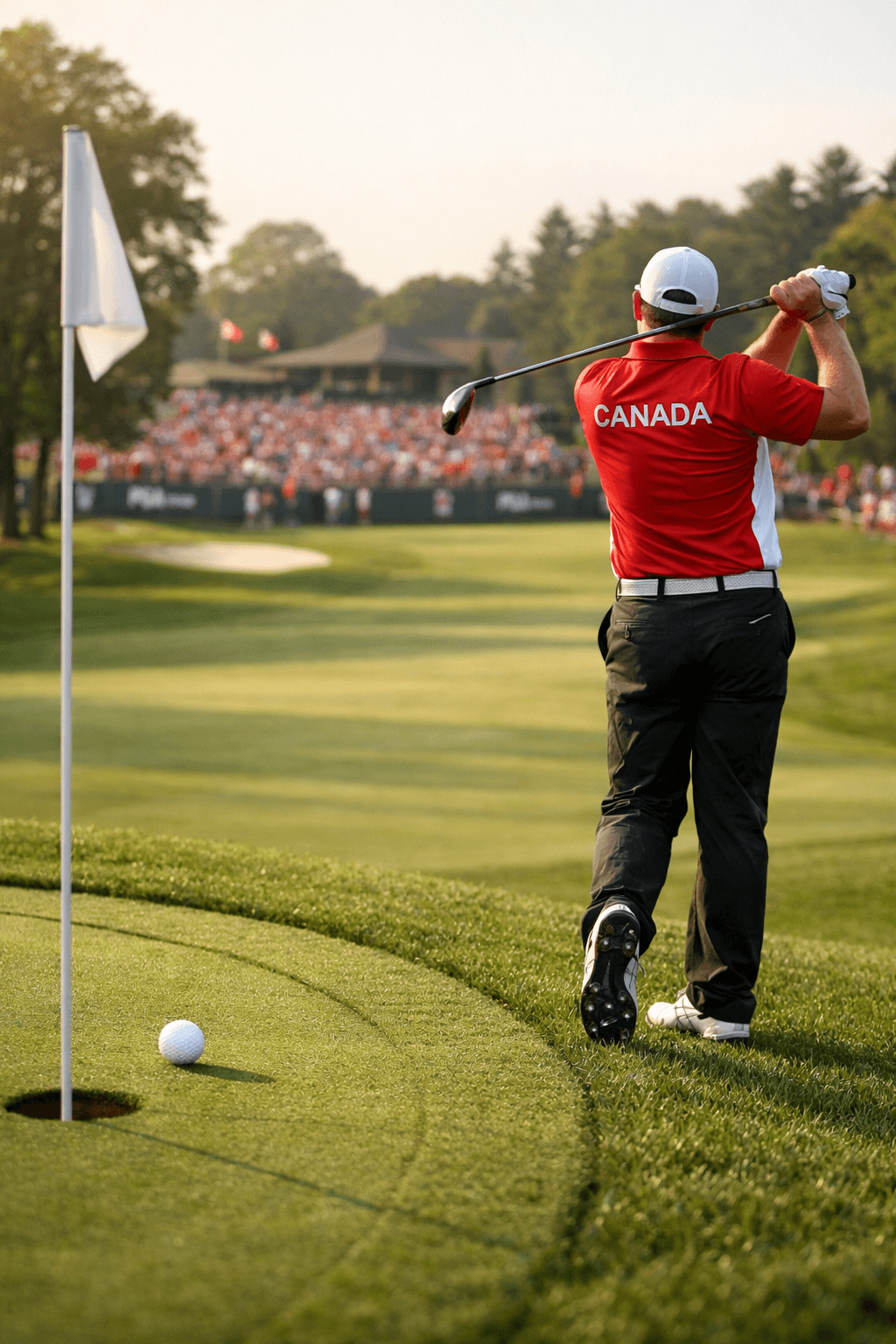 Nick Taylor golf golfer follows through on fairway near green and ball, crowd and trees behind.