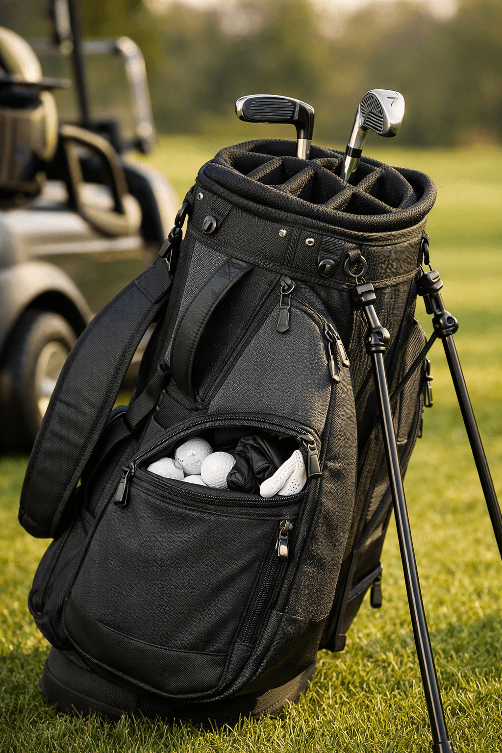 Golf Bag: Essential Features and Choosing the Right One 1 Close-up golf bag on grass beside a blurred cart, with clubs visible in warm sunlight.
