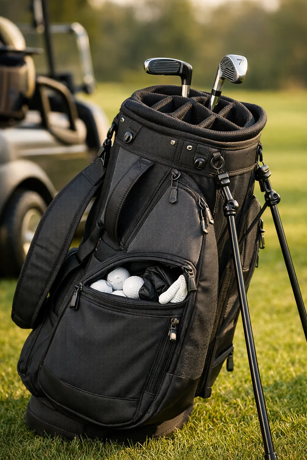 Close-up golf bag on grass beside a blurred cart, with clubs visible in warm sunlight.