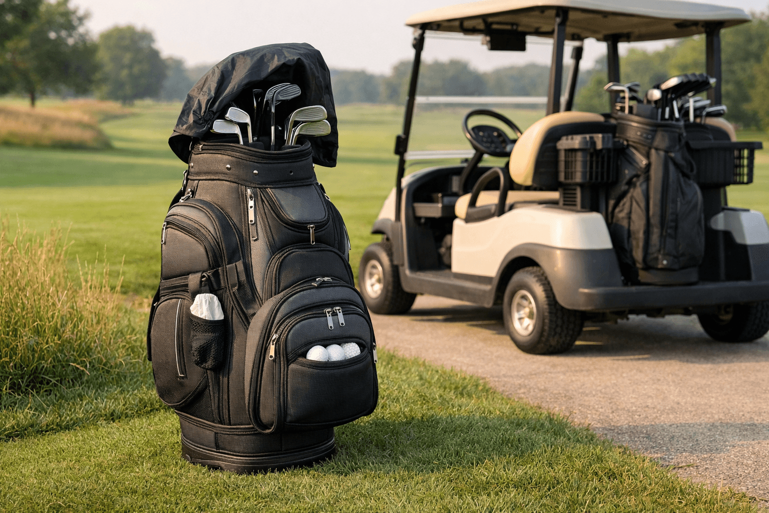 Golf bag with clubs beside a golf cart on a sunny fairway