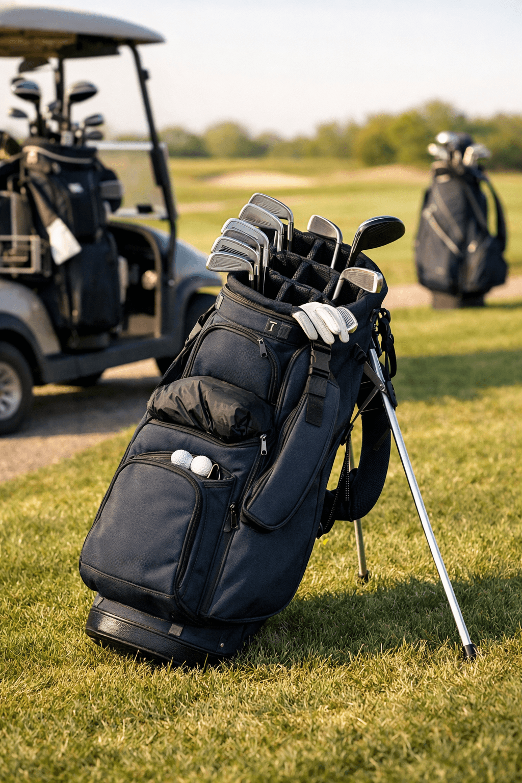 Golf bag on stand beside a golf cart on a sunny course, clubs visible, second cart bag behind.