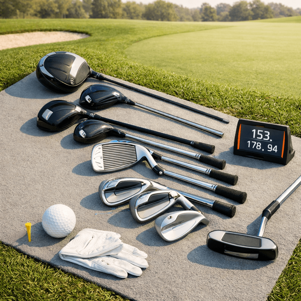 Best clubs for beginner laid out on a practice mat beside a putting green, with clubs, ball, glove, and monitor.