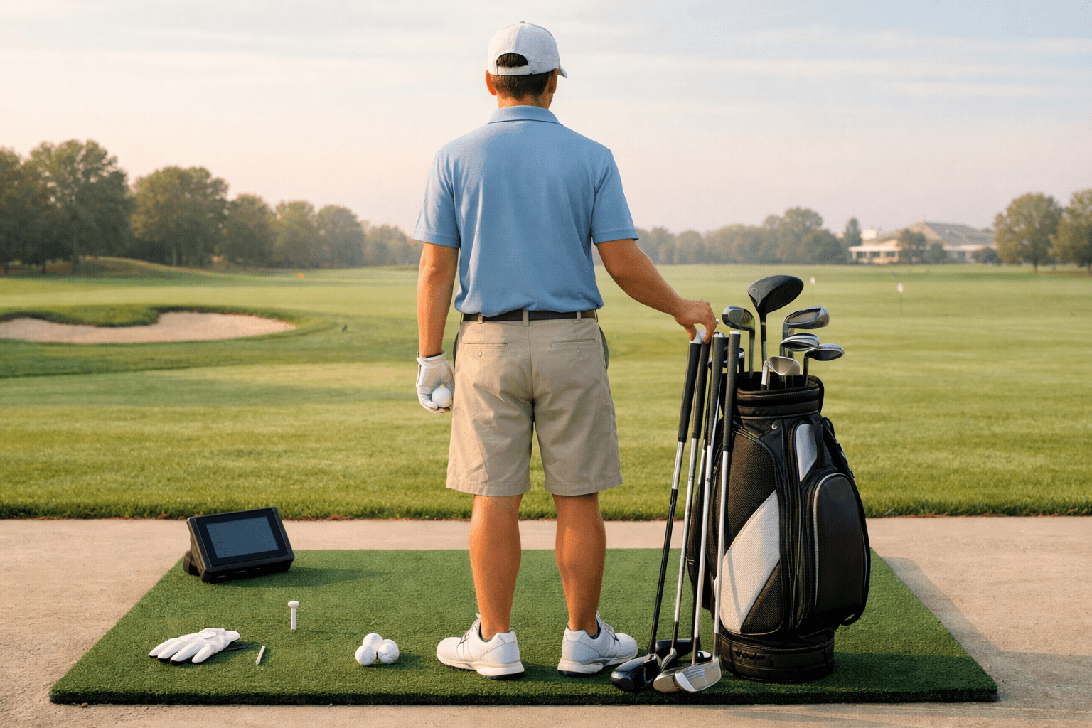 Beginner golfer with best clubs for beginner on a sunny practice range beside a launch monitor.