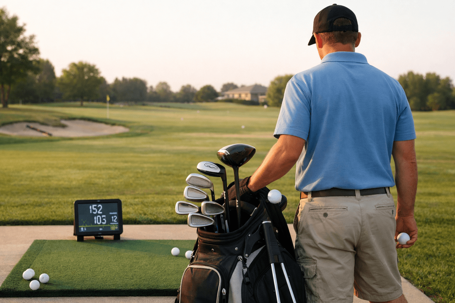 Beginner golfer at a range mat beside an open bag and launch monitor, testing best clubs for beginner