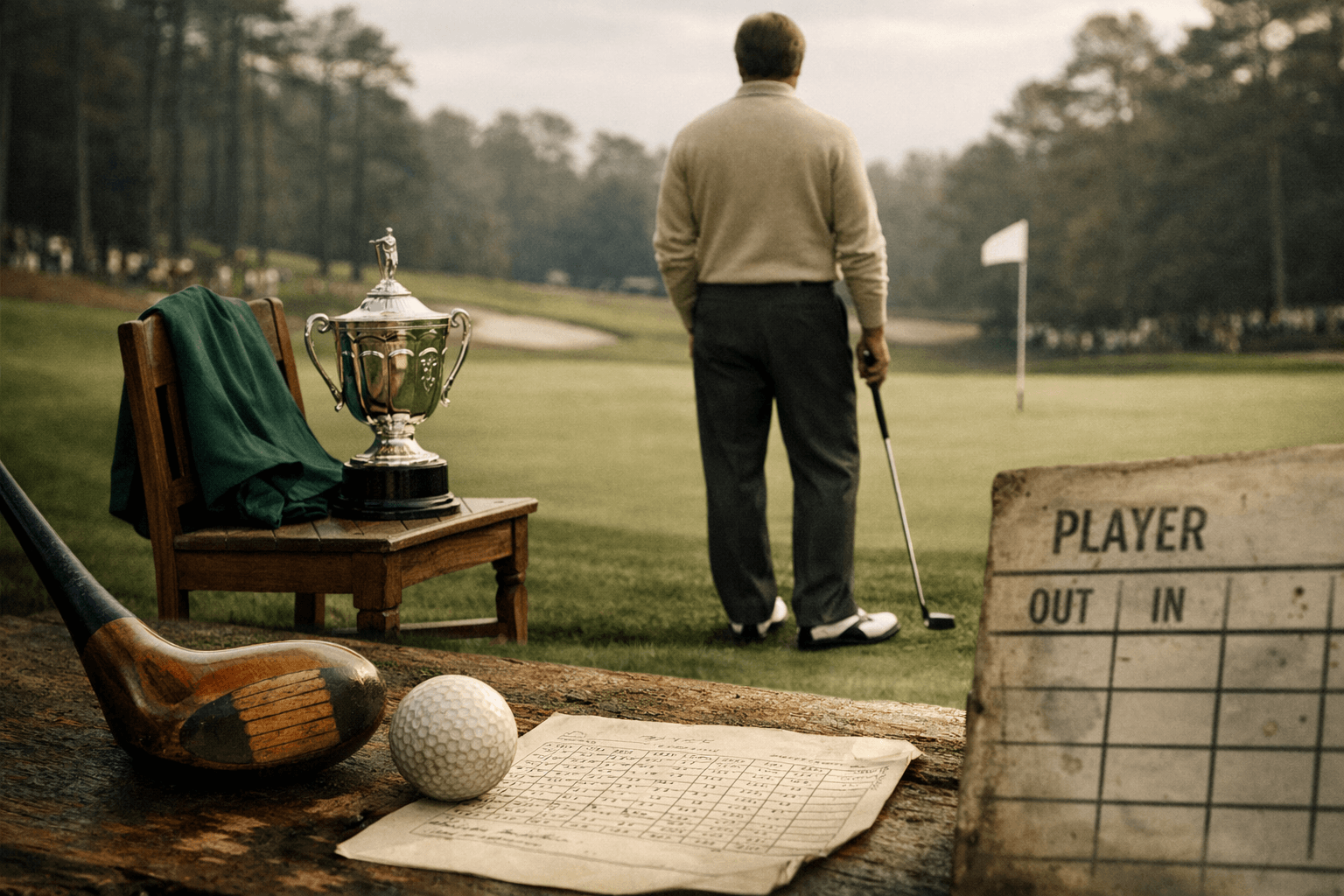 jack nicklaus golfer stands beside a trophy and green jacket on a historic Augusta putting green with vintage golf gear foregrounded