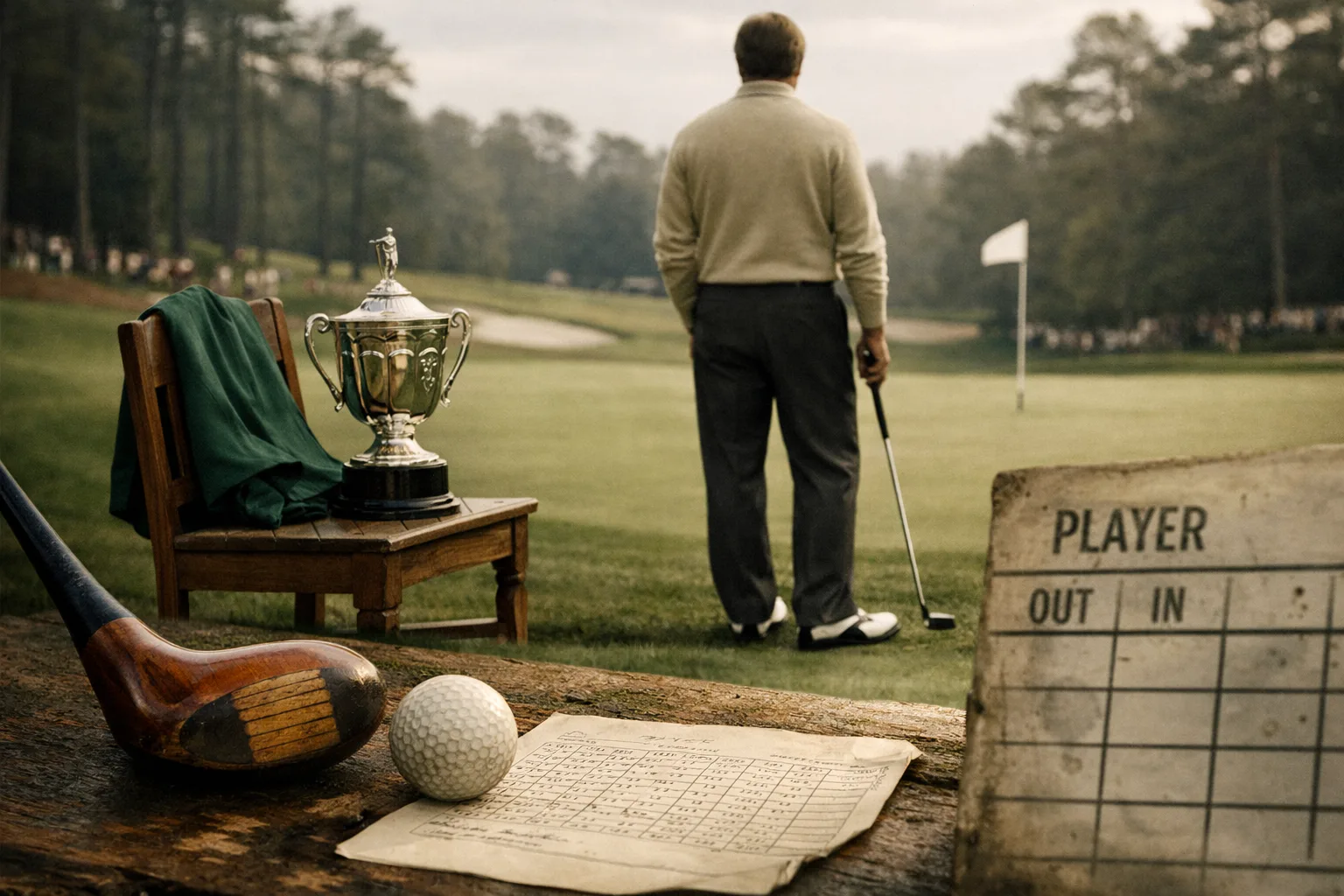 jack nicklaus golfer stands beside a trophy and green jacket on a historic Augusta putting green with vintage golf gear foregrounded