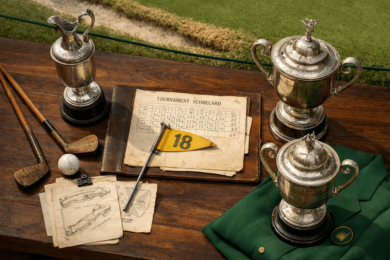 Overhead flat lay of major golf trophies, scorecard, green jacket, clubs, and ball honoring jack nicklaus golfer.