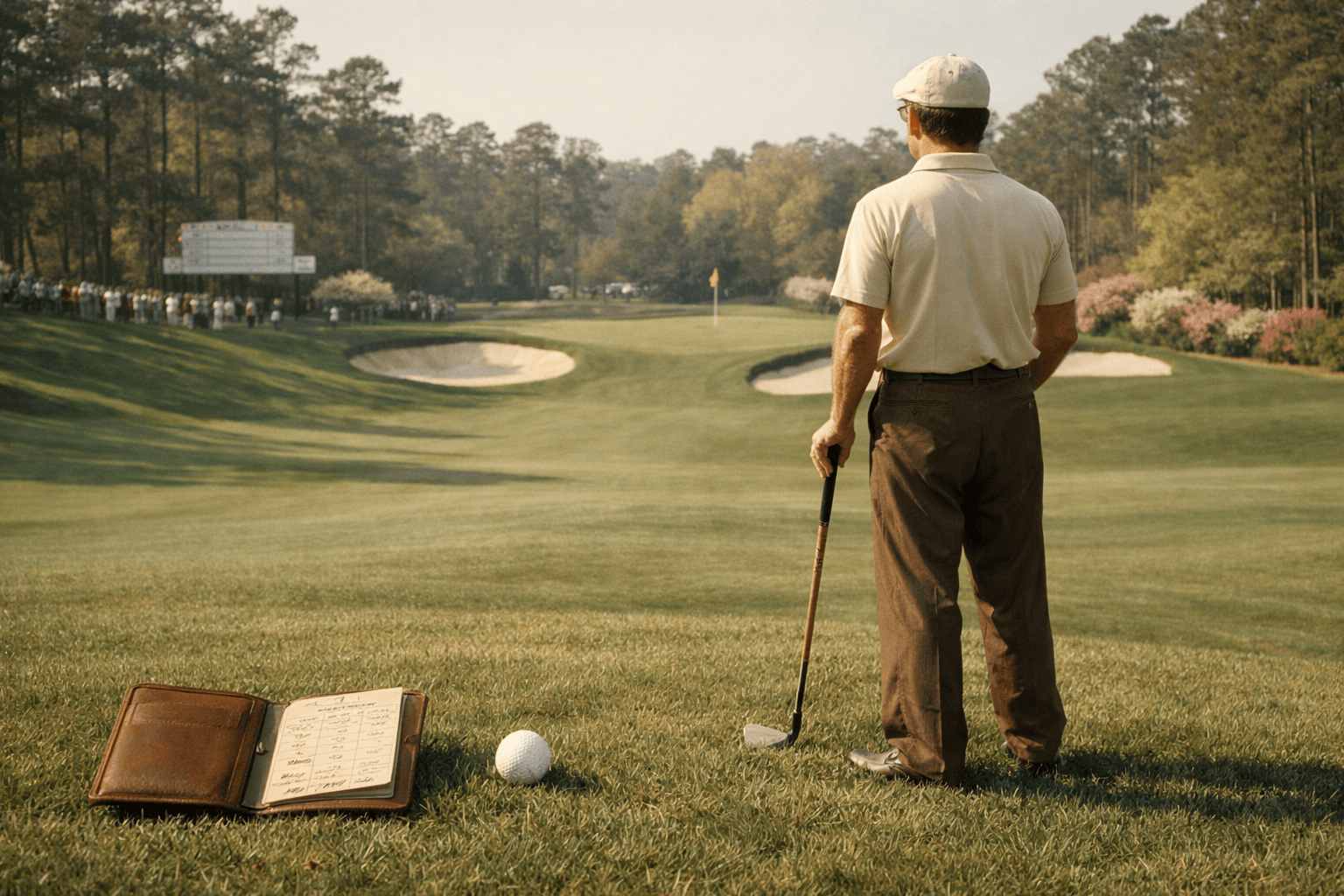 jack nicklaus golfer studies the flagstick at Augusta National, with a scorecard folder and golf ball on the fairway.
