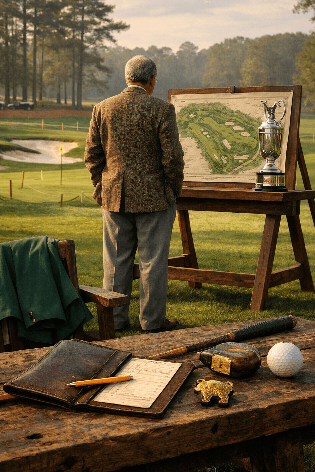 jack nicklaus golfer viewed from behind studying a course plan beside a manicured fairway, with golf gear and trophy nearby