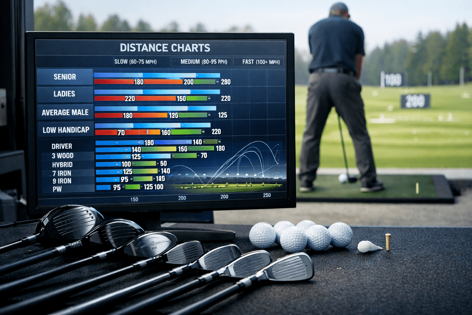 Golf launch monitor displays a distance chart for golf clubs beside arranged clubs and a golfer at a driving range.
