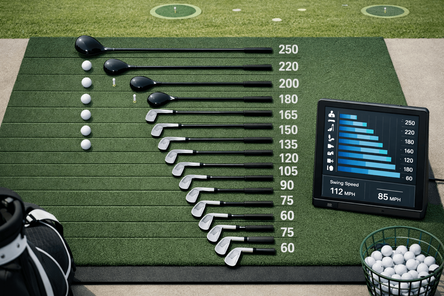 Overhead organized golf club practice station with launch monitor and distance chart for golf clubs on green range turf
