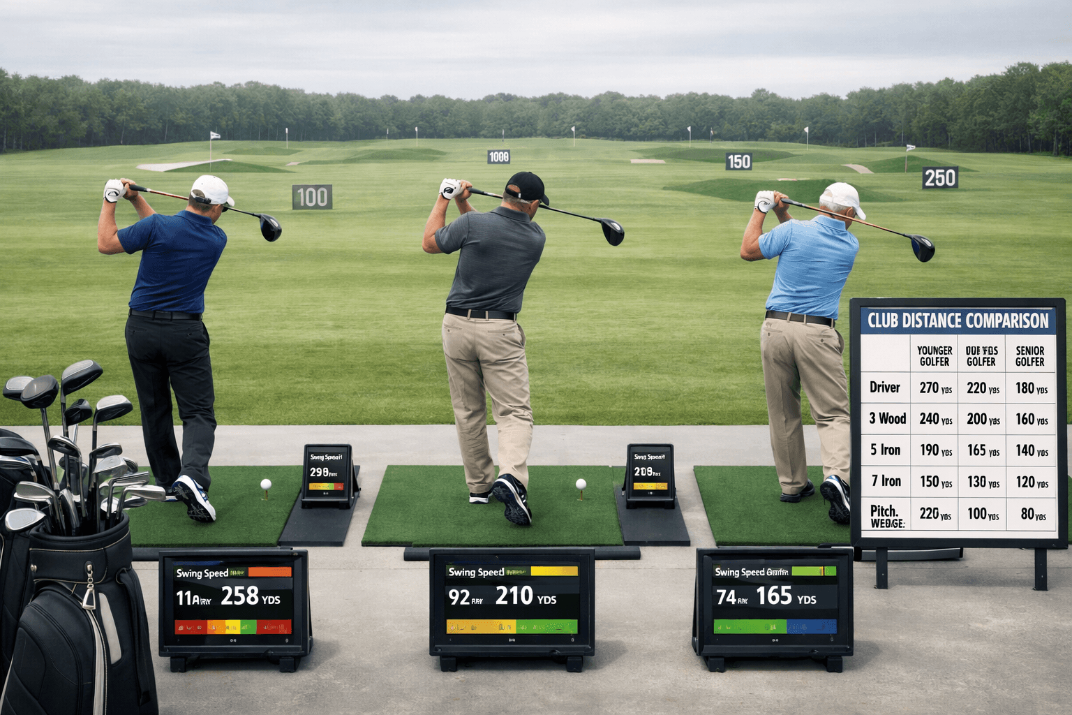 Three golfers of different ages swing in bays with launch monitors and a distance chart for golf clubs.