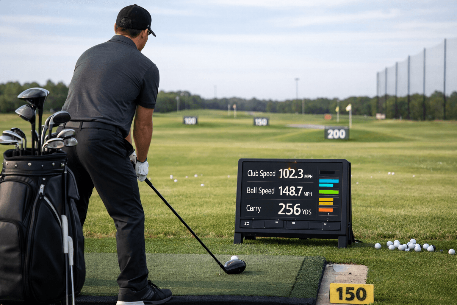 Golfer practicing with driver beside launch monitor showing a distance chart for golf clubs at a sunny driving range