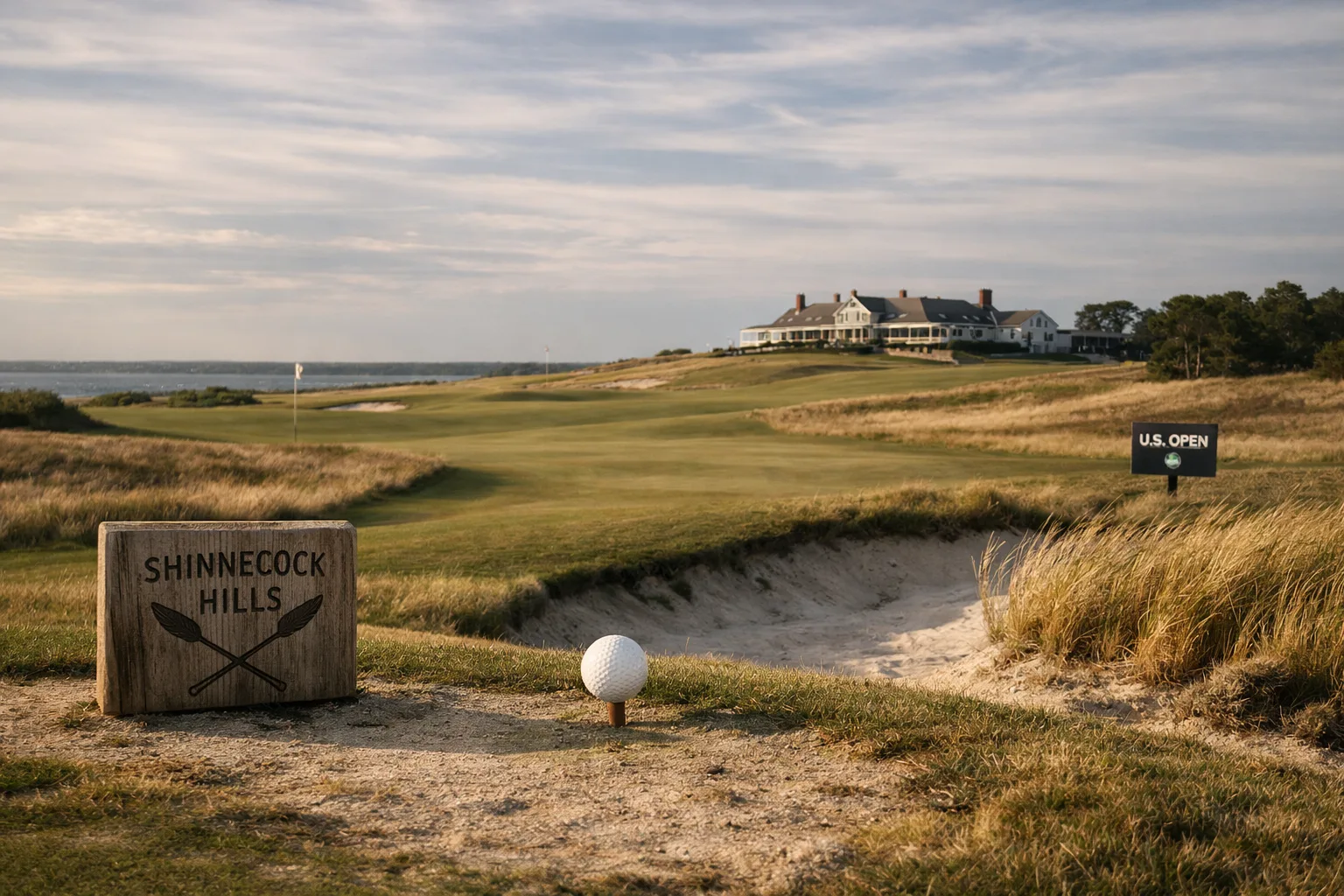 Shinnecock Hills Golf Club links landscape with clubhouse, rolling fairways, sandy bunkers, fescue, and pale coastal sky.