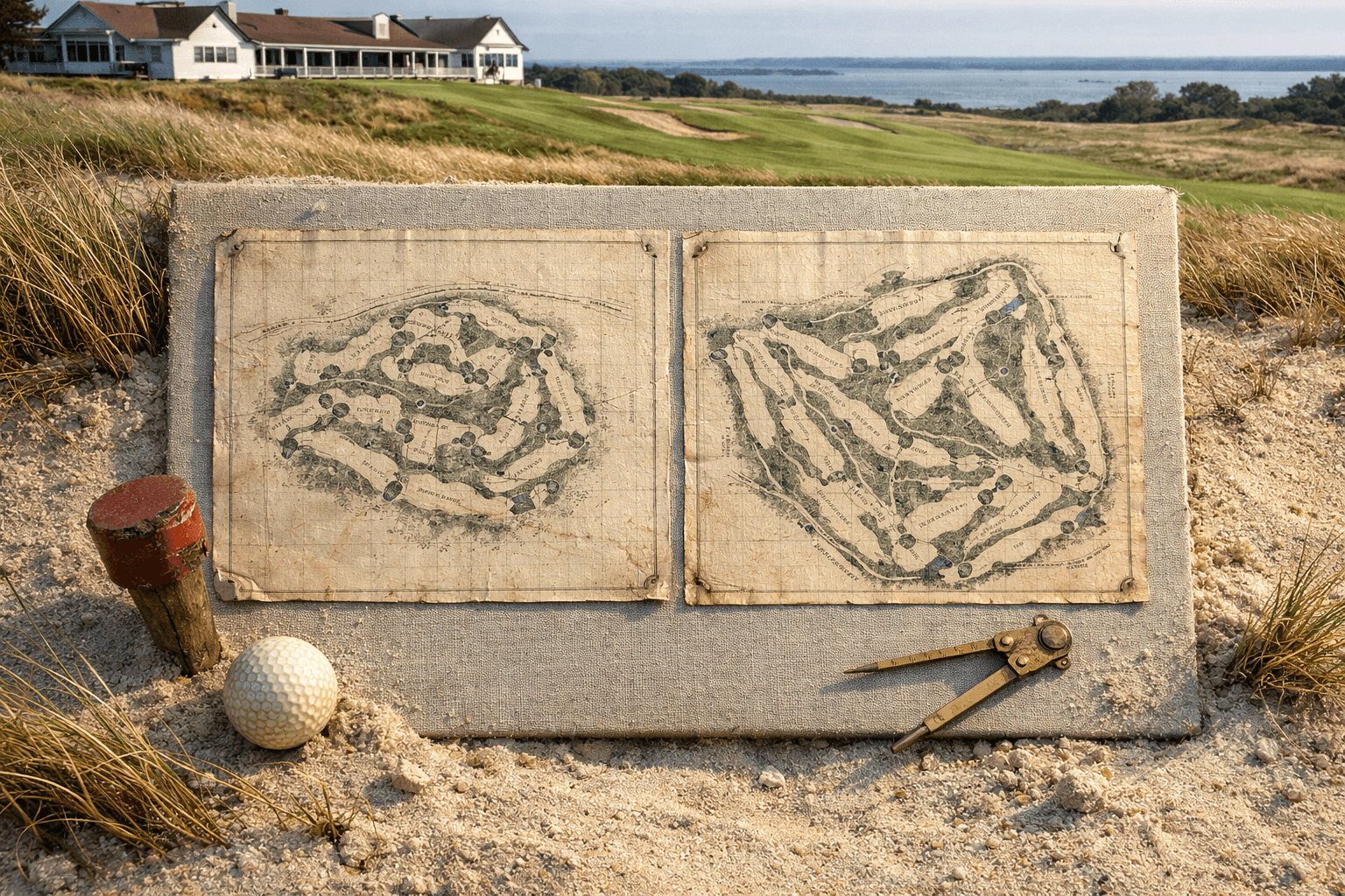 Archival course plans trace Shinnecock Hills Golf Club’s evolution, beside a tee marker, ball, compass, dunes, and clubhouse.