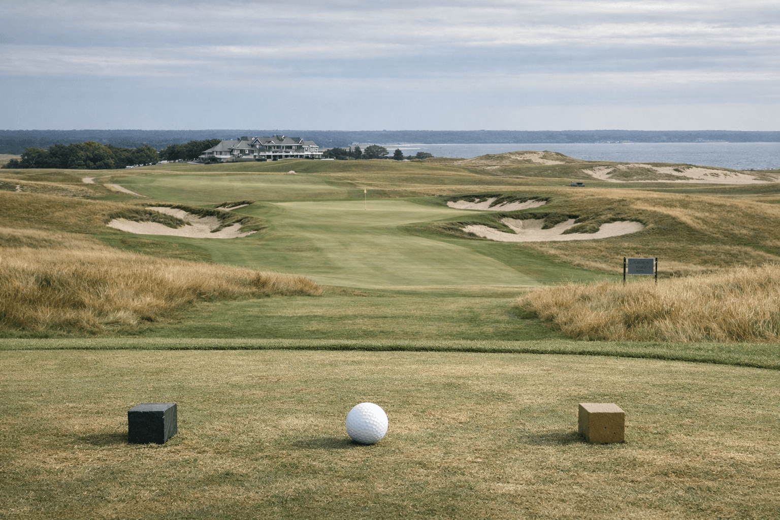 Shinnecock Hills Golf Club fairway with bunkers, flagstick, clubhouse, dunes, tee markers, and a golf ball under a cloudy sky.