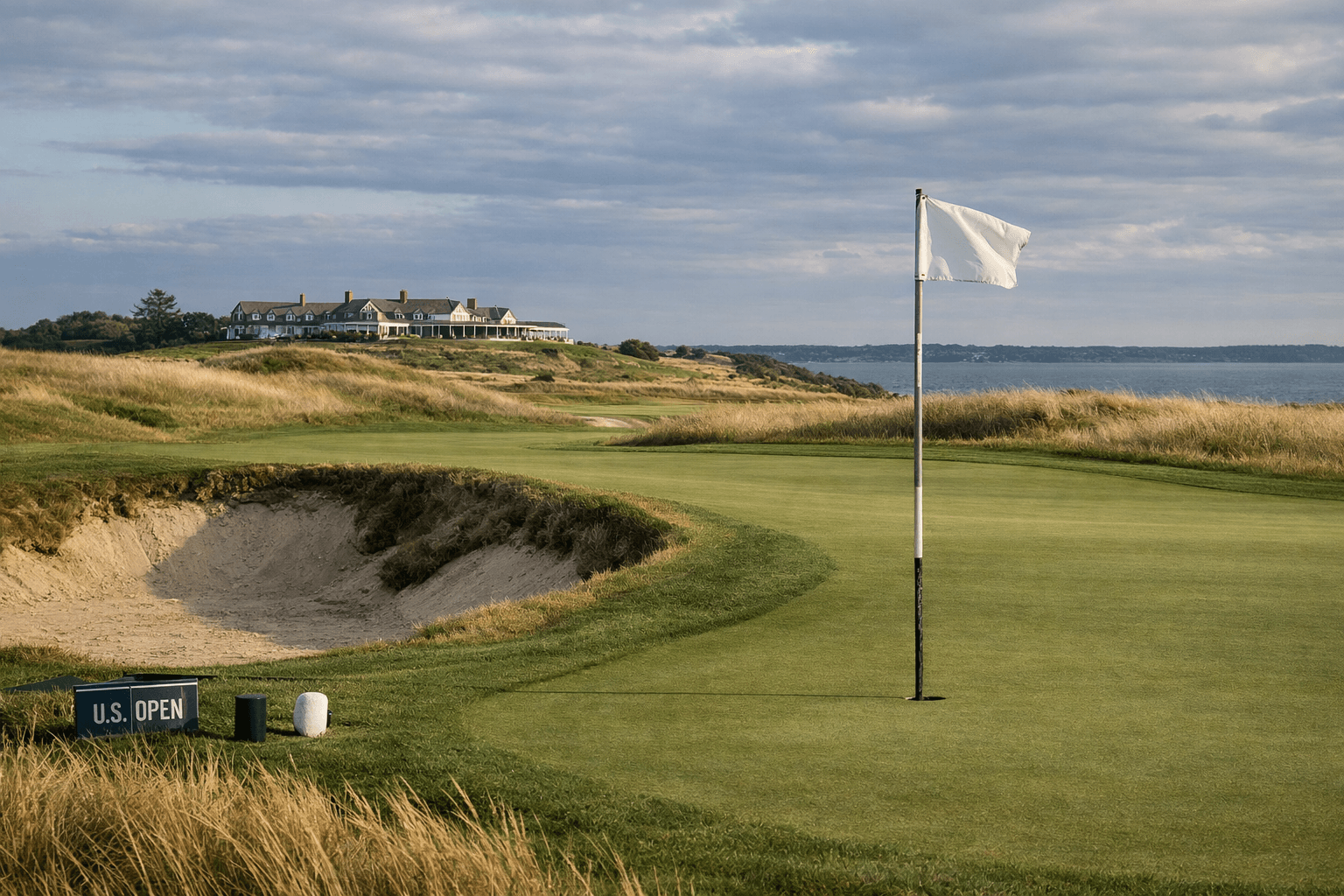 Eye-level view of a windswept Shinnecock Hills Golf Club hole with green, bunker, fescue, clubhouse, and bay horizon.
