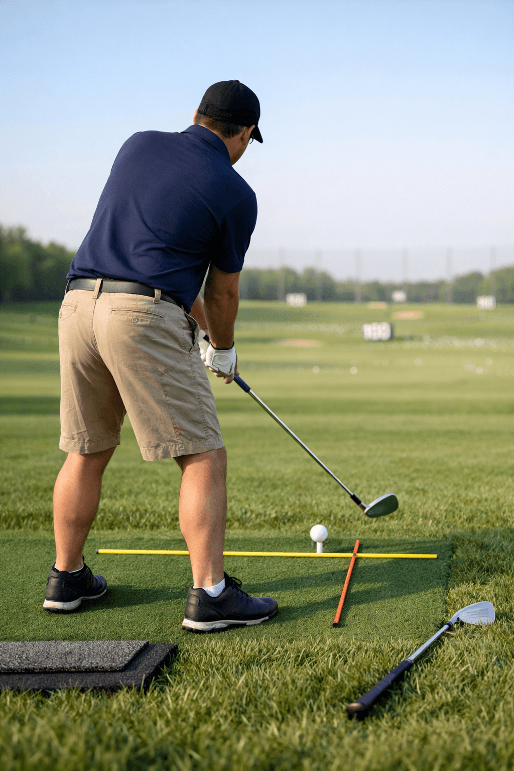 Basic Golf Swing Mechanics for Beginners 1 Beginner golfer demonstrating golf mechanics, posture, ball position, and club takeaway with alignment sticks on a driving range.