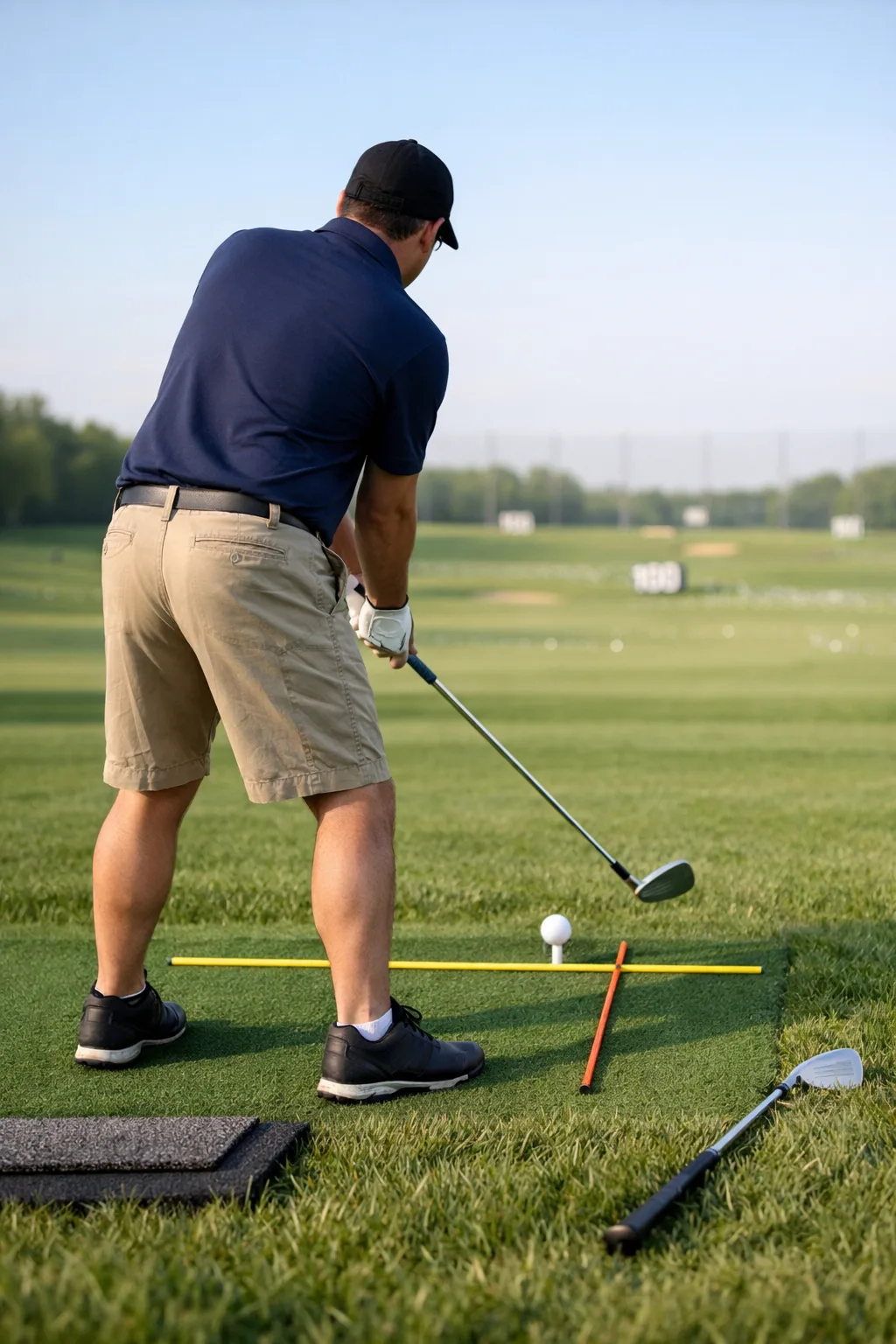 Beginner golfer demonstrating golf mechanics, posture, ball position, and club takeaway with alignment sticks on a driving range.