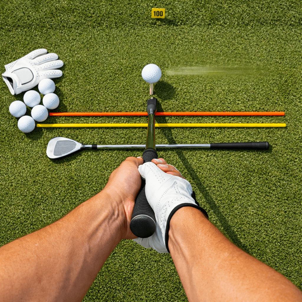 Top-down golf mechanics photo showing a tense gloved grip on a mid-iron, teed ball, alignment sticks, and practice gear on green turf.