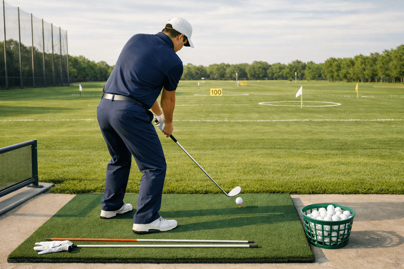 Beginner golfer practicing golf mechanics at a driving range, transitioning from backswing to downswing beside alignment sticks and teed ball.