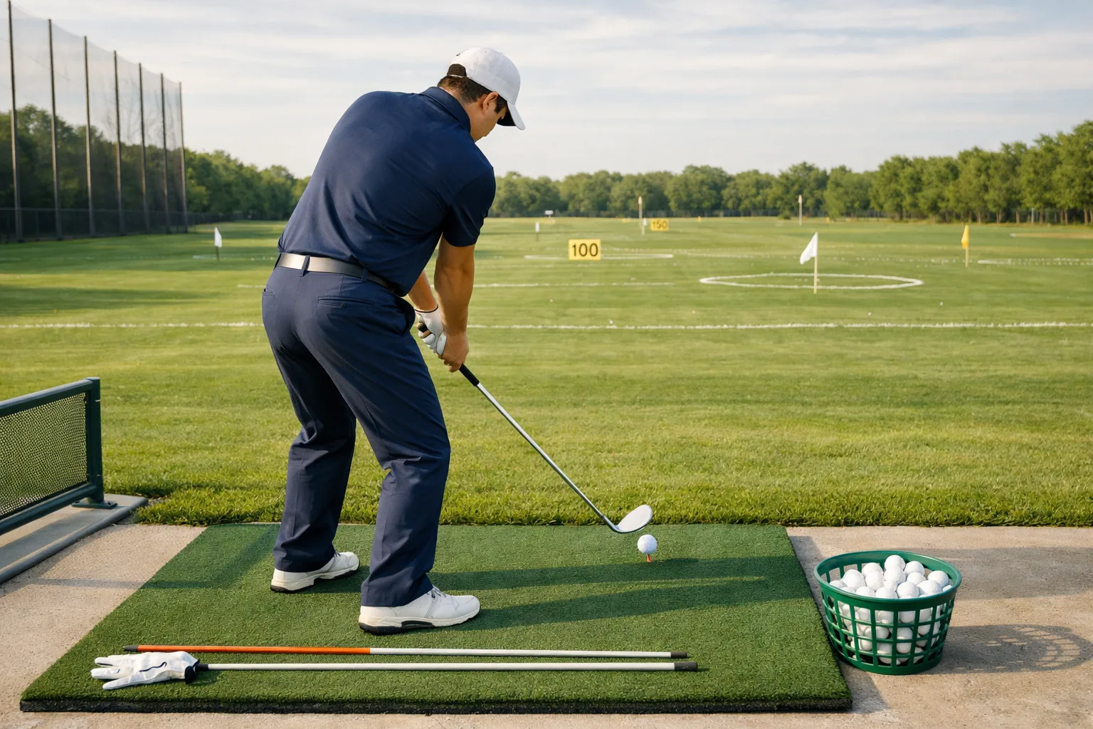 Beginner golfer practicing golf mechanics at a driving range, transitioning from backswing to downswing beside alignment sticks and teed ball.