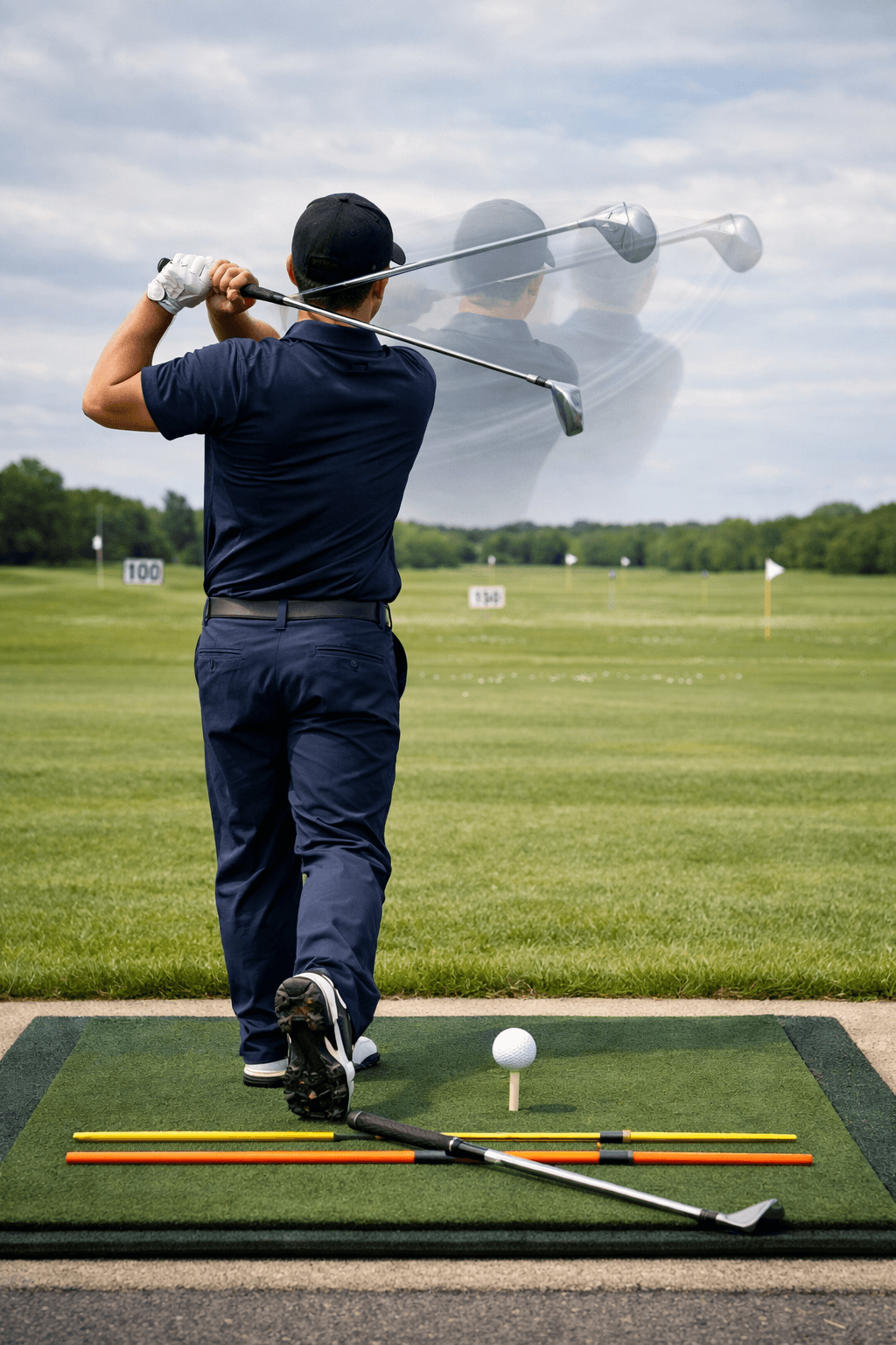 Beginner golfer practicing golf mechanics in a balanced follow-through at a driving range, with ball, clubs, and alignment sticks.